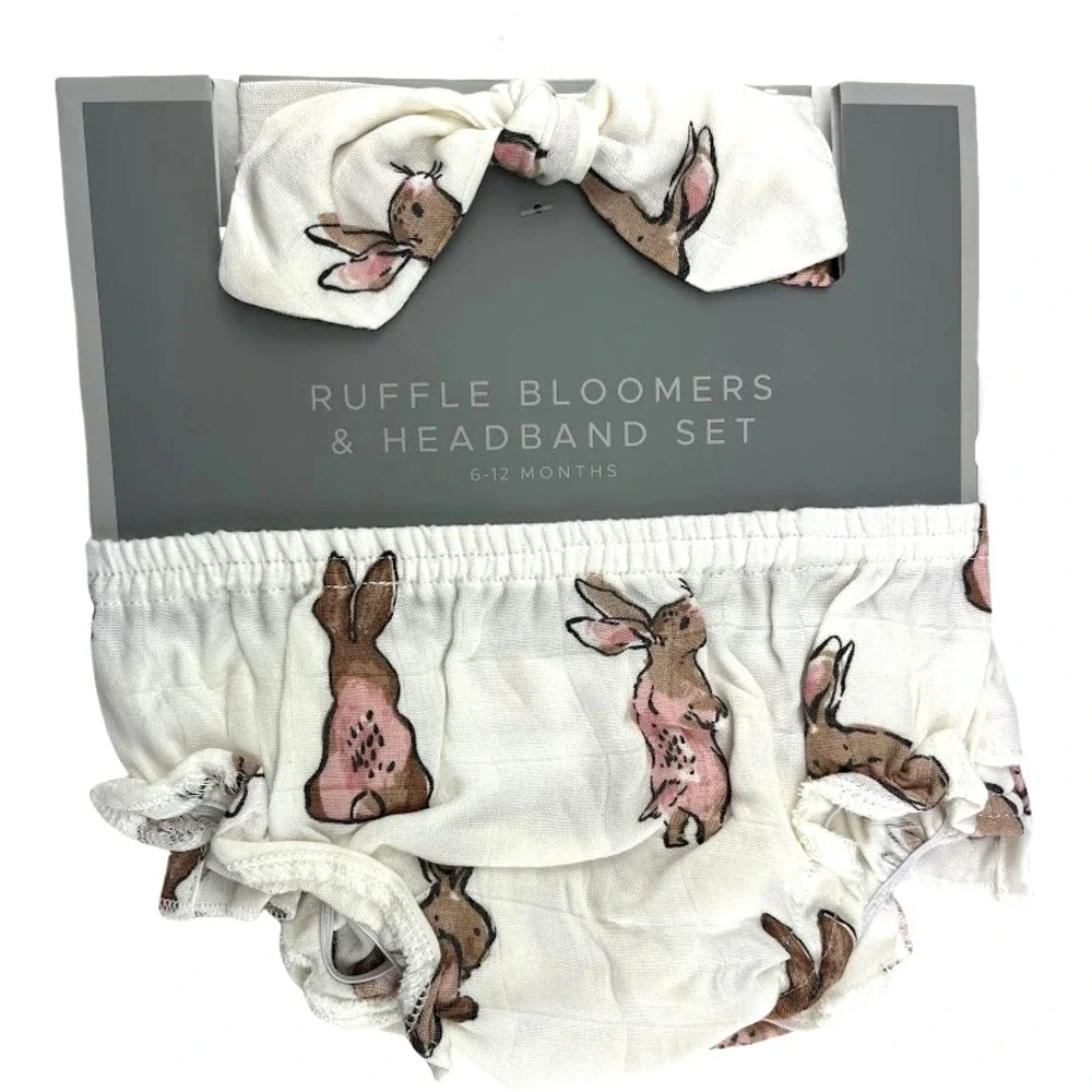 Baby Girl Bunny Ruffle Bloomer‎ Headband Set Bamboo 6 9 12 Mos Rayon 2pc NWT
